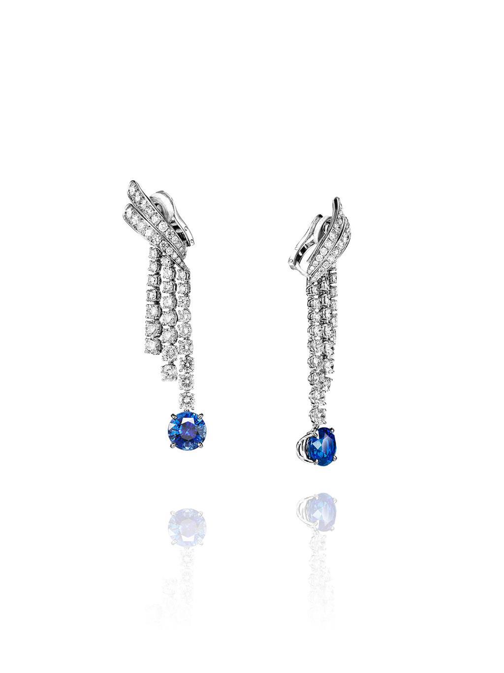 Earrings "L'Été" - White gold set with 2 sapphires and 94 diamonds