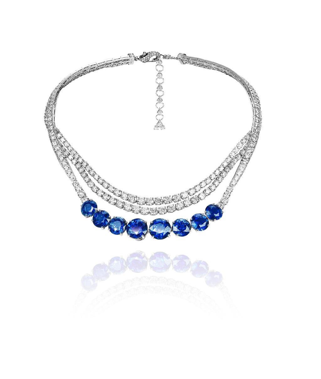 Necklace "L'Été" - White gold set with 8 sapphires and 350 diamonds