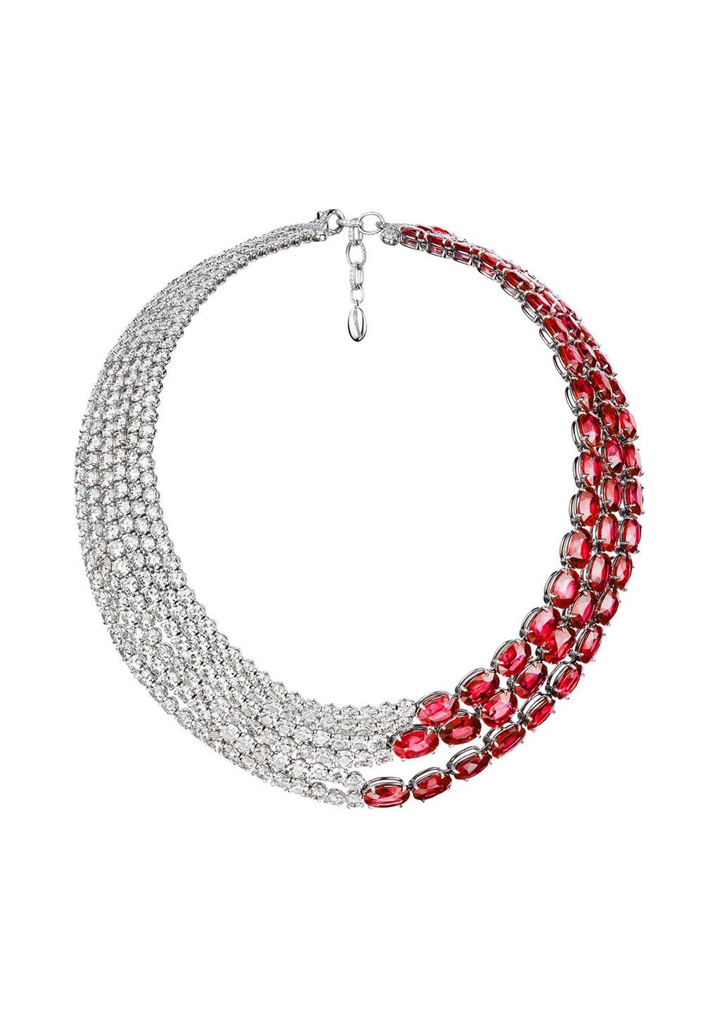 Necklace "L'Automne" - White gold set with 60 oval cut rubies and 280 diamonds