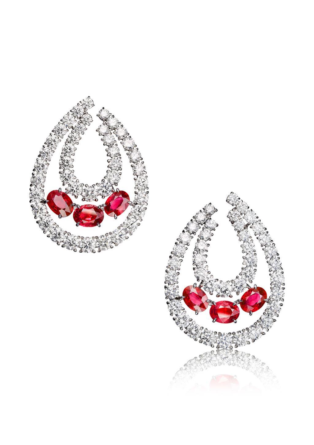 Earrings "L'Automne" - White gold set with 6 oval cut rubies and 80 diamonds
