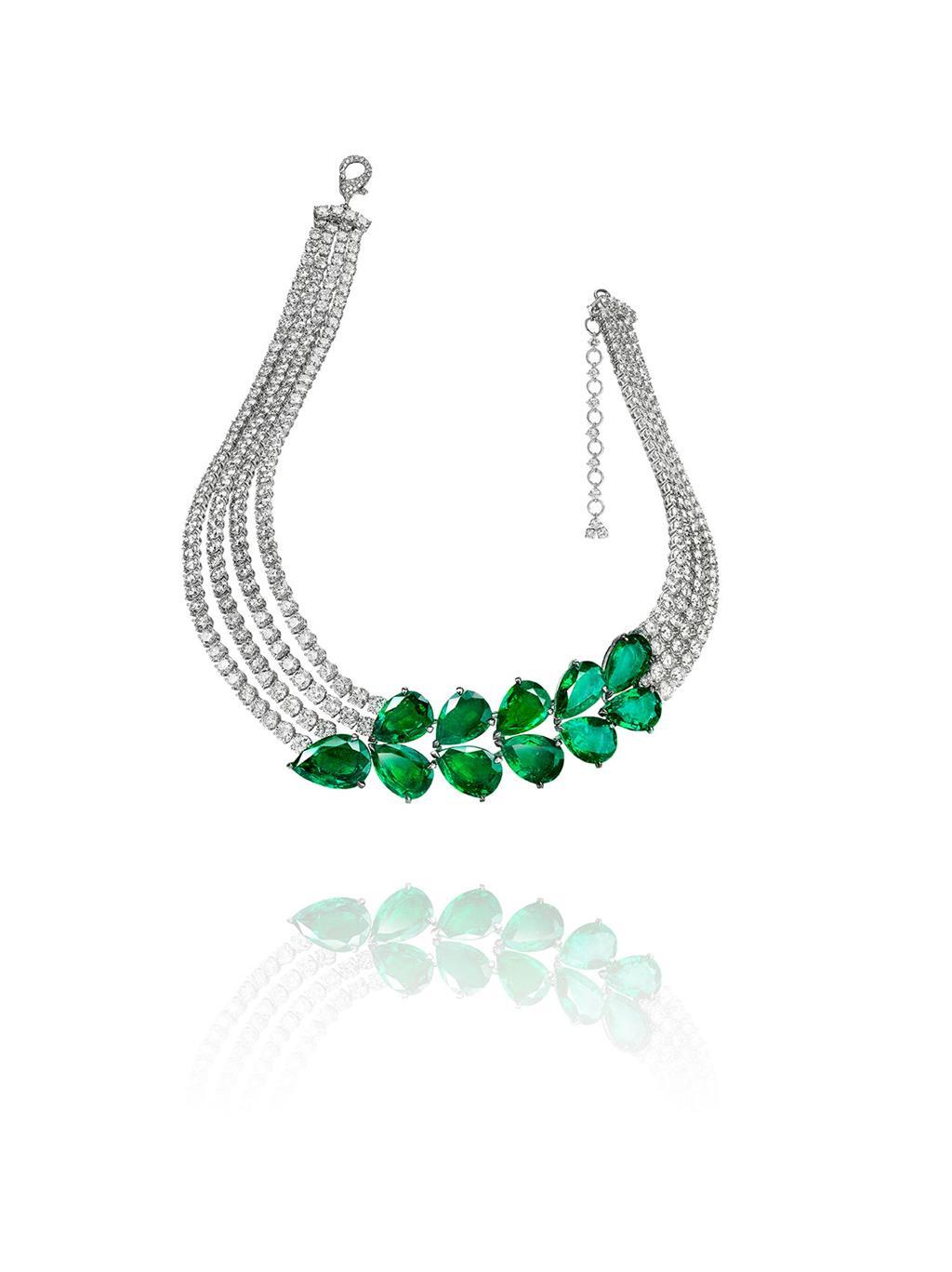 Necklace "Le Printemps" - White gold set with 11 pear-shaped emeralds and 395 diamonds
