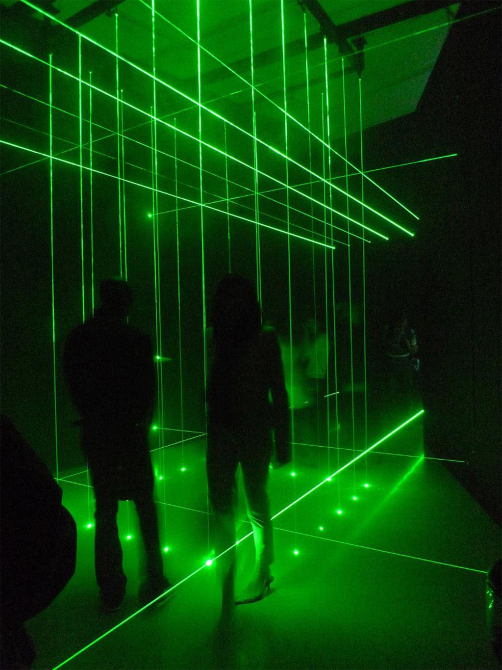Li Hui, Cage, 2006-2014, green iodide lasers, fog machines, dimensions variable