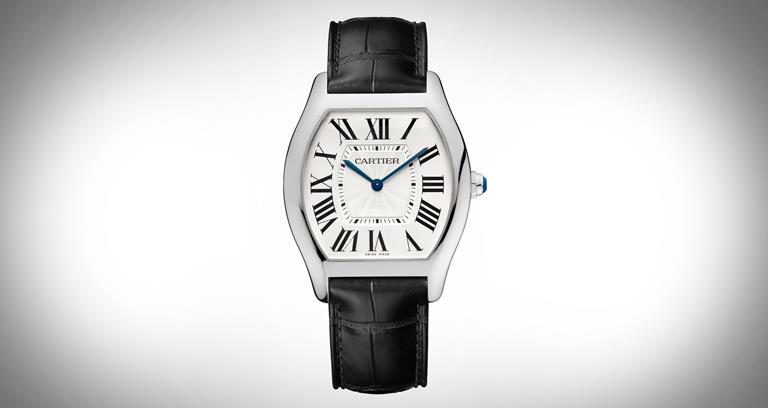 Cartier New Tortue de Carier -LM, white gold case, octagonal crown set with a faceted sapphire, flinqué sun-like finish dial, alligator leather strap, hand-wound movement