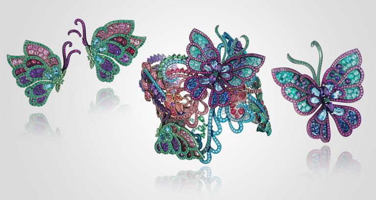 Cuff-bracelet in multicoloured titanium, with removable butterfly earrings and brooch