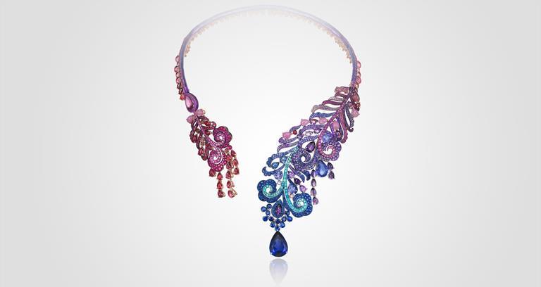 Necklace in 18ct white gold, titanium, with sapphires, amethysts, rubelites, rubies, tanzanites and Paraiba tourmalines